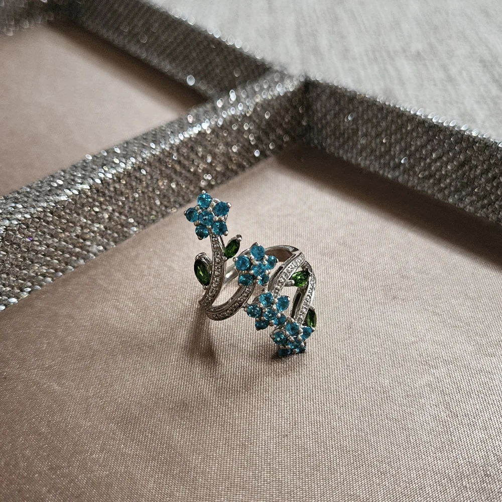 Sterling Silver Gemstone Floral Bypass Ring